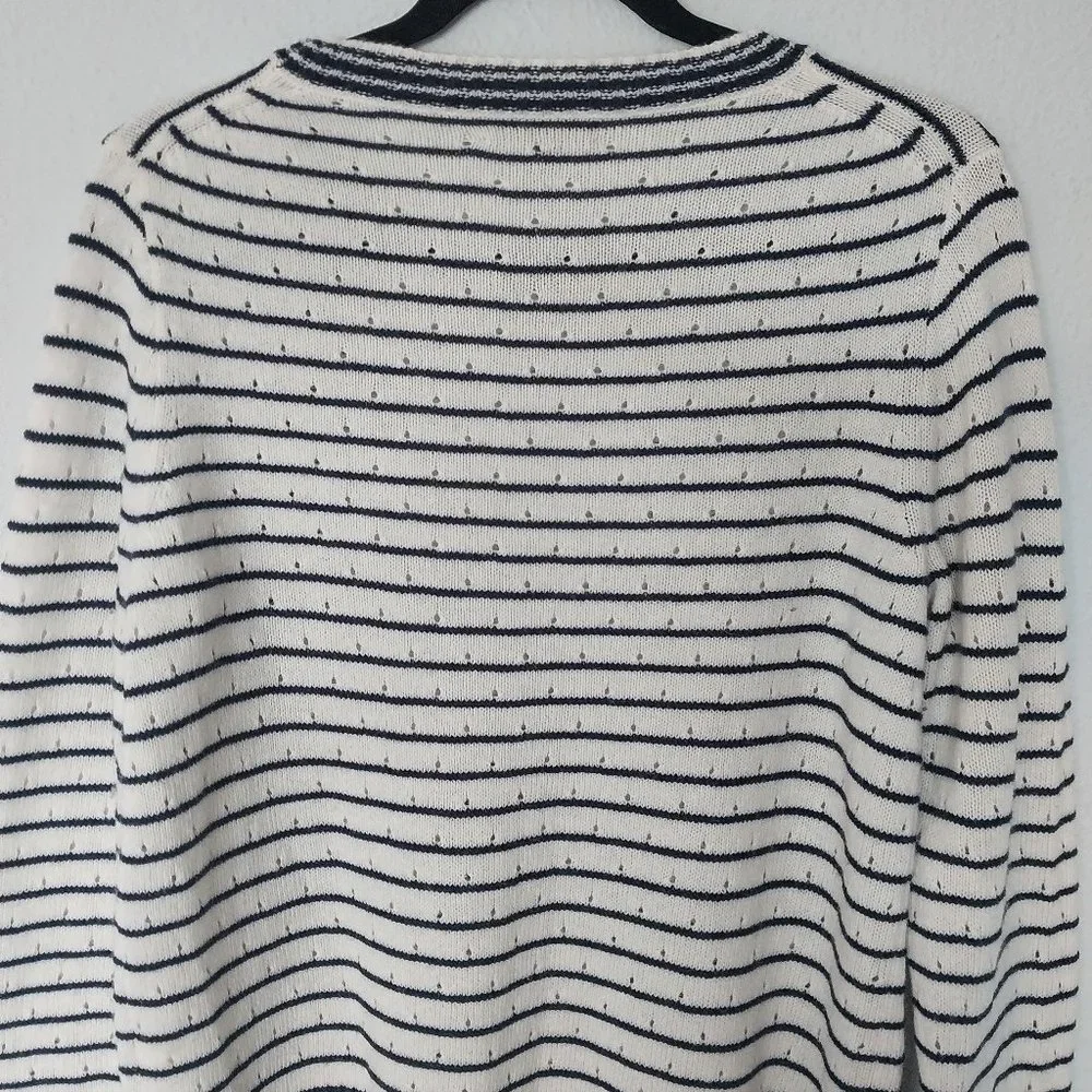 J. Crew Navy & Ivory Stripe Crewneck Pointelle Knit Wool/Alpaca Blend Sweater